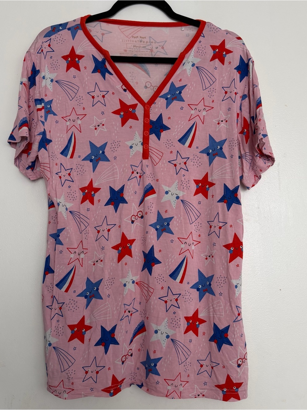 Little Sleepies Women’s Short Sleeve Pajama Top Pink Stars & Stripes Size Medium